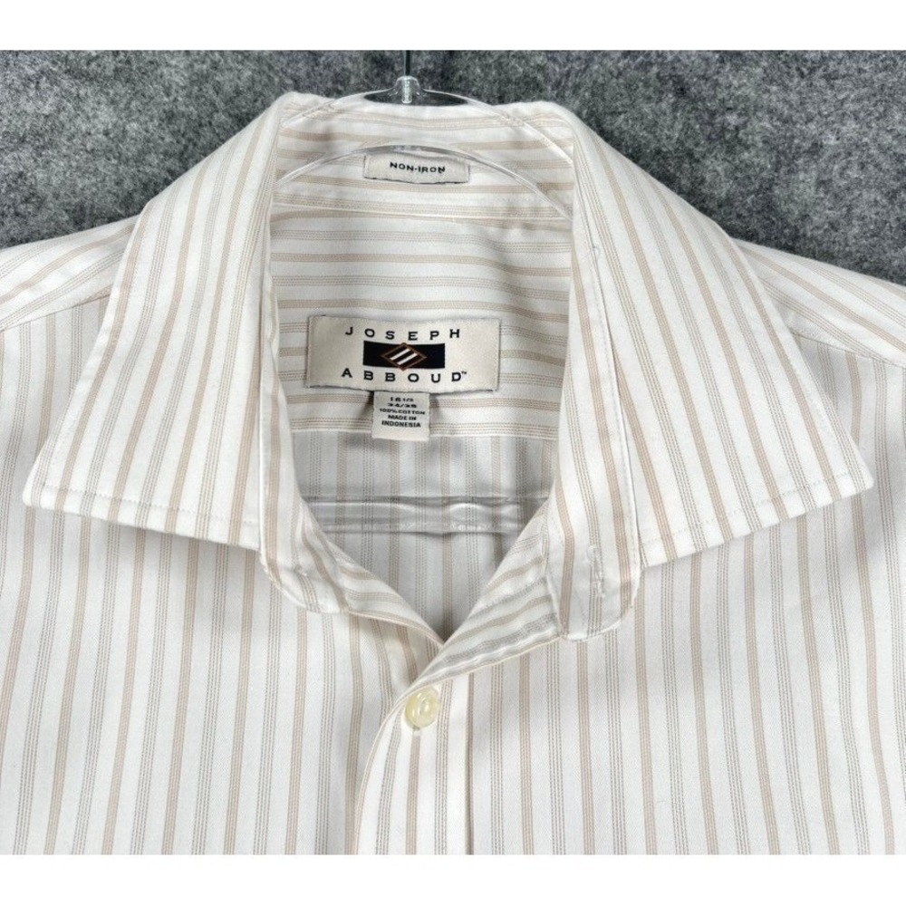 Joseph Abboud Mens Shirt 16.5 34/35 L Tan White Pinstripe Non Iron L/S Cotton